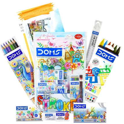 DOMS Art Supplies for Kids Oil Pastels Crayons Water Colours Brush Pens Drawing and Craft Kit