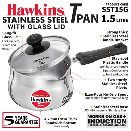 Hawkins Stainless Steel TPan 1L 1.5L 2L Saucepan Glass Lid Induction Gas