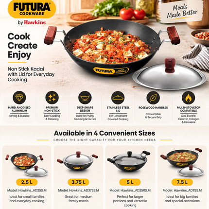 Hawkins Futura Hard Anodised Deep Fry Pan 2.5L 3.75L 5L 7.5L Stainless Steel Lid