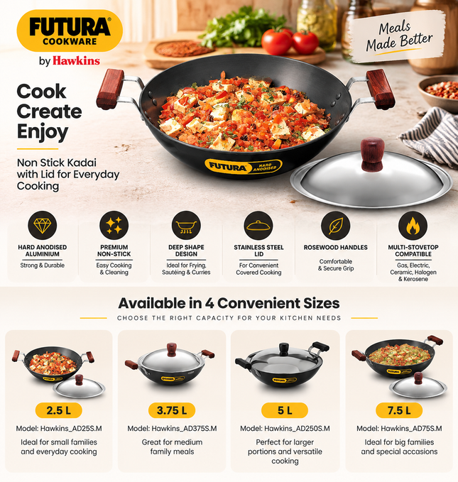 Hawkins Futura Hard Anodised Deep Fry Pan 2.5L 3.75L 5L 7.5L Stainless Steel Lid