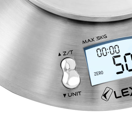 Lexical Germany Digital Kitchen Scale 5kg Food Weighing Stainless Steel Bowl LCD Display Timer & Temperature Sensor