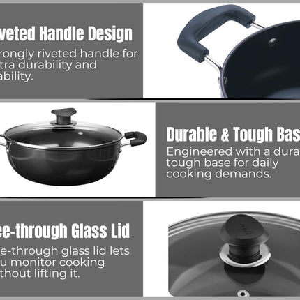 VINOD Hard Anodized Aluminium Cookware Pan + Glass Lid 18cm 20cm 22cm 24cm 26cm Stove Compatible Kitchen Cookware Durable Cooking  Curry Rice Everyday Meals
