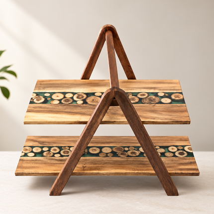 Acacia Wood Resin Serving Tray Coaster Set Wooden Display Platter Rustic Home Décor Handmade