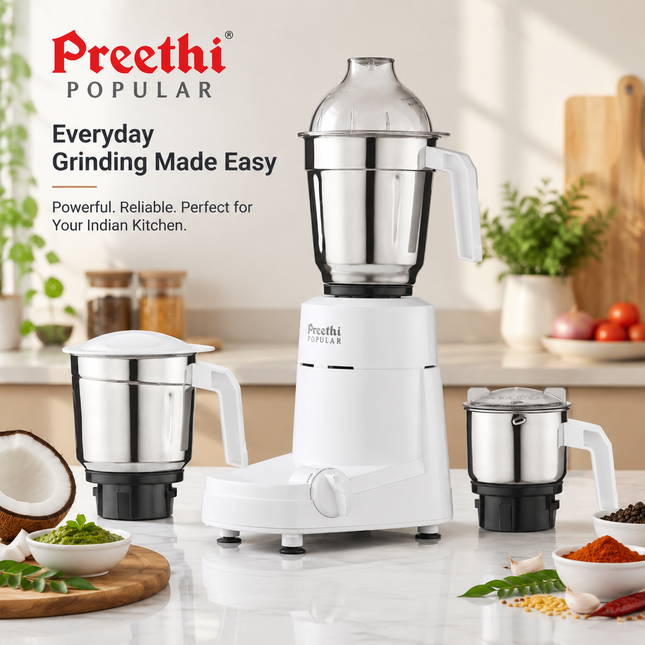 Preethi Popular MG142 750W Indian Mixer Grinder 3 Stainless Steel Jars Wet Dry Grinding Chutney Making Kitchen Appliance White