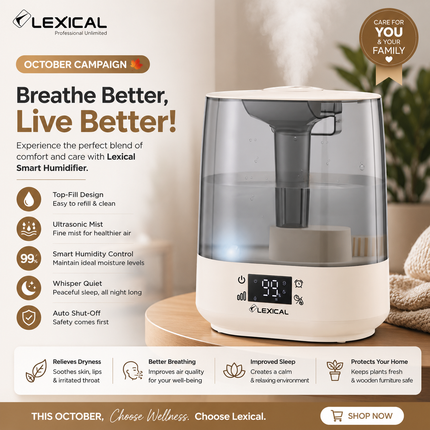Lexical Germany 6L Ultrasonic Cool Mist Humidifier 3 Mist Levels Sleep Mode 12-Hour Timer EU Plug