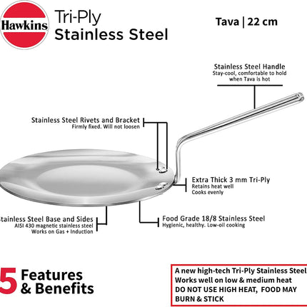 Hawkins Tri Ply Stainless Steel Tava Saucepan 22 26 CMInduction Gas Compatible Base