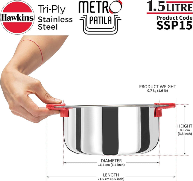 Hawkins Tri Ply Stainless Steel Cook Serve Handi 1.5L 2L 2.5L Silicone Grip