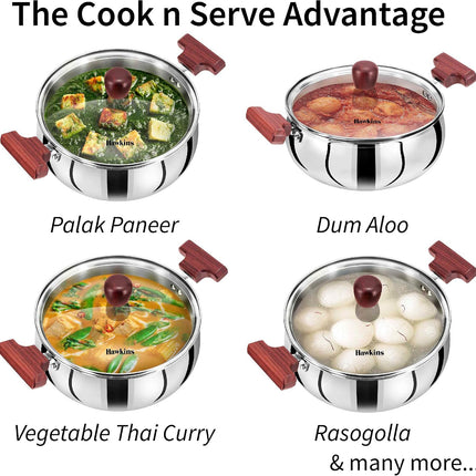 Hawkins Tri Ply Stainless Steel Handi 3L 4L 5L Glass Lid Induction Compatible Cook Serve Pot