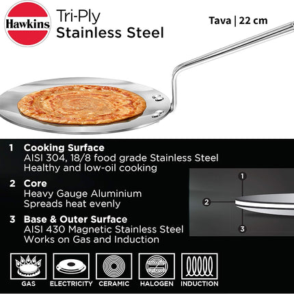 Hawkins Tri Ply Stainless Steel Tava Saucepan 22 26 CMInduction Gas Compatible Base