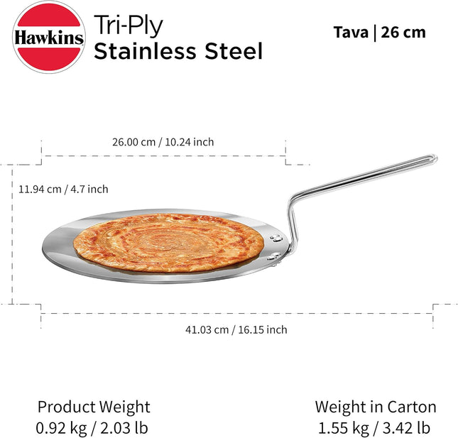 Hawkins Tri Ply Stainless Steel Tava Saucepan 22 26 CMInduction Gas Compatible Base