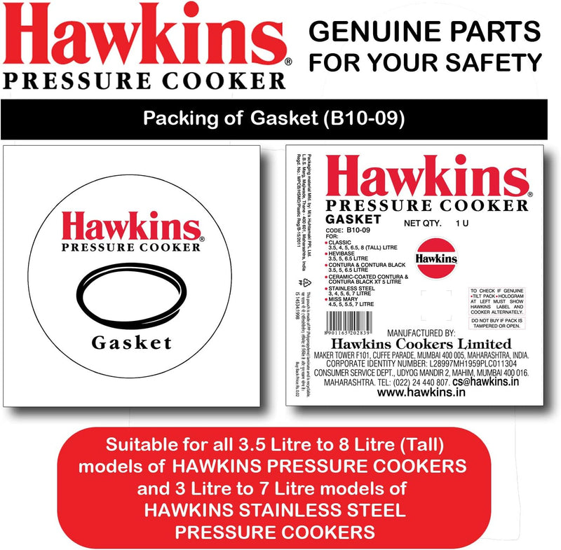 Hawkins B10-09 Gasket for 3.5 to 8-Liter Pressure Cooker Sealing Ring, Medium, Black