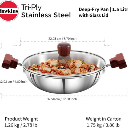 Hawkins Tri Ply Stainless Steel Kadai 1.5L 2.5L Deep Fry Pan Glass Lid GAS Induction Compatible