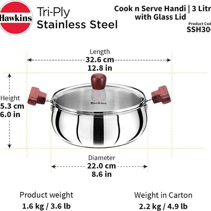 Hawkins Tri Ply Stainless Steel Handi 3L 4L 5L Glass Lid Induction Compatible Cook Serve Pot