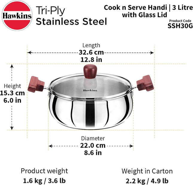 Hawkins Tri Ply Stainless Steel Handi 3L 4L 5L Glass Lid Induction Compatible Cook Serve Pot