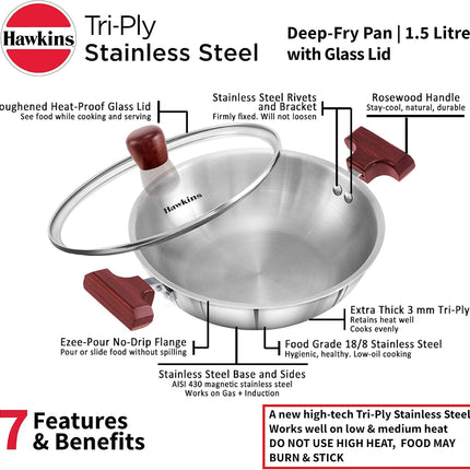 Hawkins Tri Ply Stainless Steel Kadai 1.5L 2.5L Deep Fry Pan Glass Lid GAS Induction Compatible