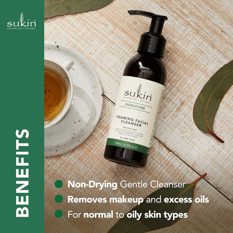 Sukin Australian Natural Foaming Facial Cleanser Pump, Gentle Gel Cleanser with Green Tea, Aloe Vera & Chamomile to Purify, Soothe & Tighten Skin, 4.23 Fl Oz