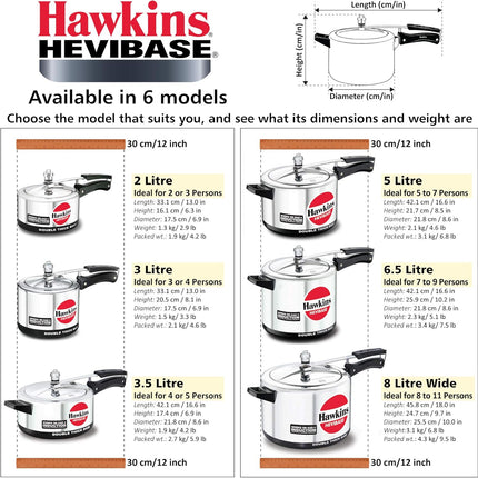 Hawkins Hevibase Aluminium Pressure Cooker 2L 3L 5L 8L Heavy Base Induction Compatible Gas Electric Stoves