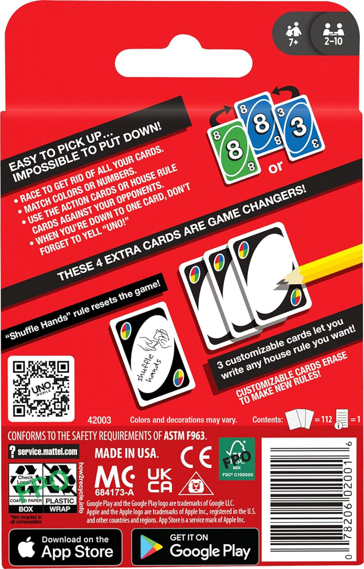 UNO game box featuring classic and customizable action cards