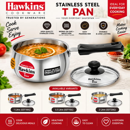 Hawkins Stainless Steel TPan 1L 1.5L 2L Saucepan Glass Lid Induction Gas