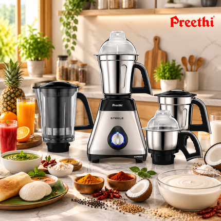 Preethi Steel Supreme MG208 750W Indian Mixer Grinder 4 Jars Wet Dry Grinding Super Extractor