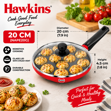 Hawkins Non Stick Appe Pan 20cm 24cm 12 Cup Paniyaram Pan Glass Lid