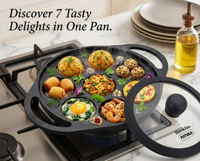 Hawkins Futura Cast Iron Appe Pan 16cm 8 Cup Paniyaram Pan Plus Glass Lid