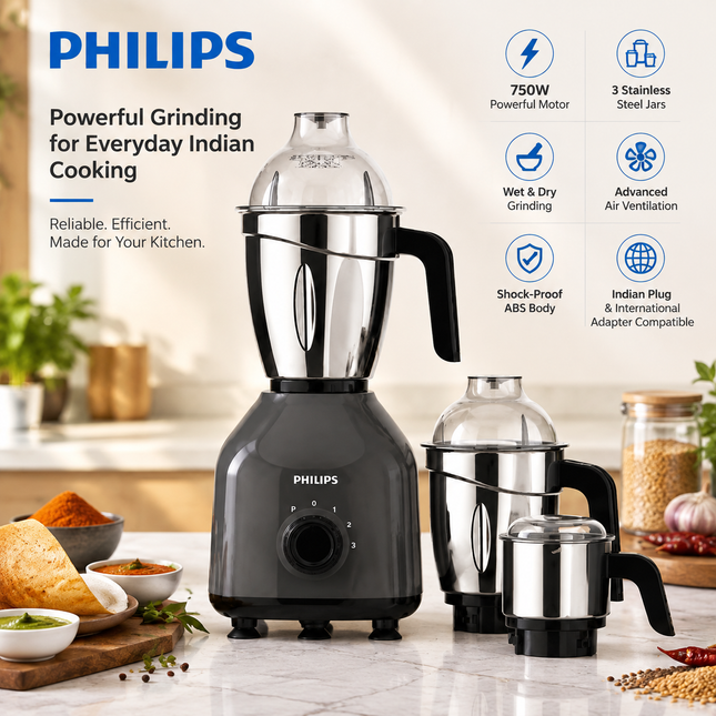 Philips HL7757 750W Indian Mixer Grinder 3 Stainless Steel Jars Wet Dry Grinding Chutney Making Masala Grinding Dosa Batter Black Premium Blue