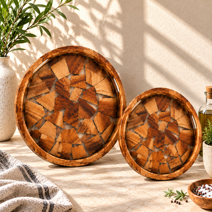 Acacia Wood Serving Tray Set of 2 with Resin Mosaic Tile Design Round Oval Decorative Trays for Breakfast, Tea, Coffee and Home Décor