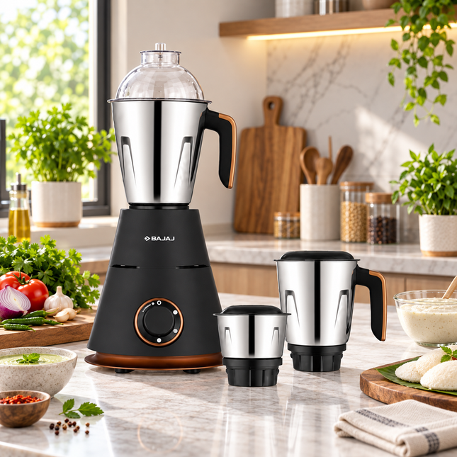 Bajaj Ninja Series Virtue 750W Indian Mixer Grinder Mixie 3 Stainless Steel Jars Wet Dry Grinding Chutney Dosa Batter