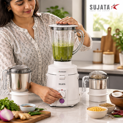 Sujata Supermix 900W Indian Mixer Grinder with 3 Stainless Steel Jars for Wet Dry Grinding and Chutney