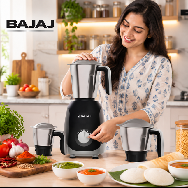 Bajaj Ninja Series Elegance 500W Indian Mixer Grinder Mixie 3 Stainless Steel Jars Wet Dry Grinding Chutney Making Black