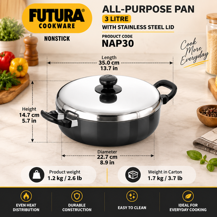Hawkins Futura Non Stick 2.5L 3L Pan Lid Hard Anodised Aluminium Deep Frying