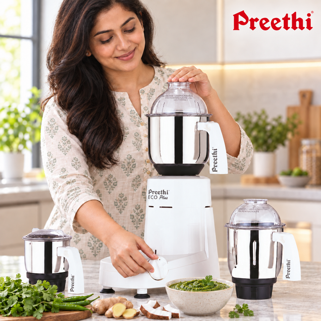 Preethi Eco Plus MG 138 550W Indian Mixer Grinder 110V with 3 Stainless Steel Jars for Spices Chutney Masala and Indian Cooking