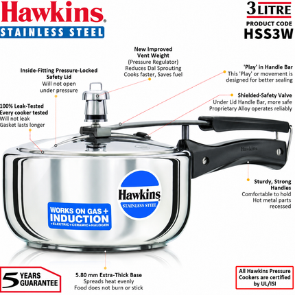 Hawkins Stainless Steel Pressure Cooker 2L 3L 4L 5L 6L Induction Gas Electric Compatible