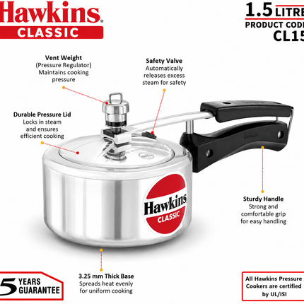 Hawkins Classic Aluminium Pressure Cooker 1.5L to 10L Silver Cooker Pressure Regulator