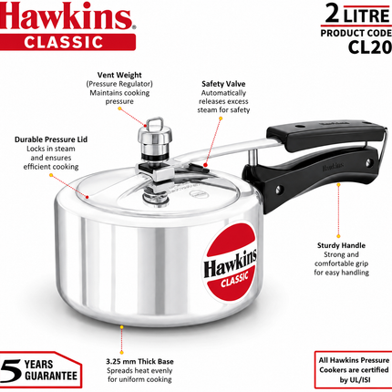 Hawkins Classic Aluminium Pressure Cooker 1.5L to 10L Silver Cooker Pressure Regulator