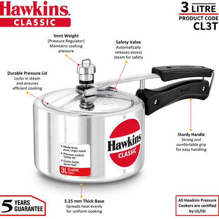 Hawkins Classic Aluminium Pressure Cooker 1.5L to 10L Silver Cooker Pressure Regulator