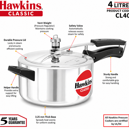 Hawkins Classic Aluminium Pressure Cooker 1.5L to 10L Silver Cooker Pressure Regulator