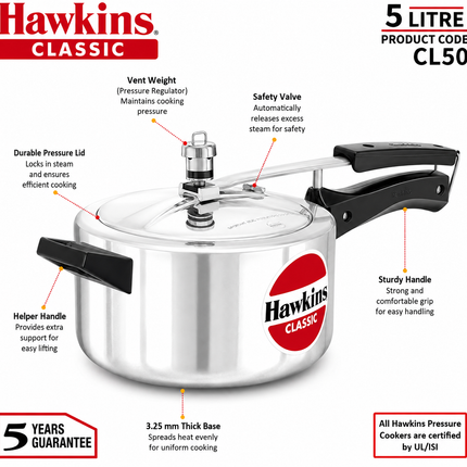 Hawkins Classic Aluminium Pressure Cooker 1.5L to 10L Silver Cooker Pressure Regulator