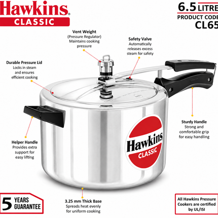 Hawkins Classic Aluminium Pressure Cooker 1.5L to 10L Silver Cooker Pressure Regulator