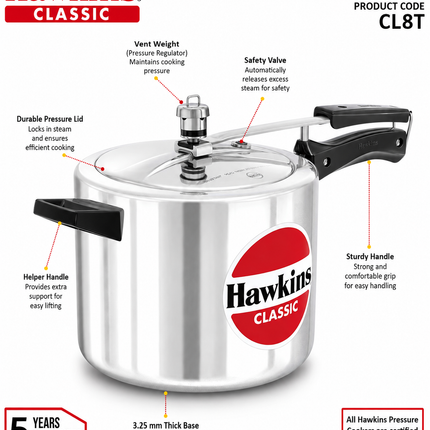 Hawkins Classic Aluminium Pressure Cooker 1.5L to 10L Silver Cooker Pressure Regulator