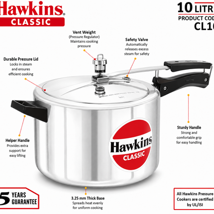 Hawkins Classic Aluminium Pressure Cooker 1.5L to 10L Silver Cooker Pressure Regulator