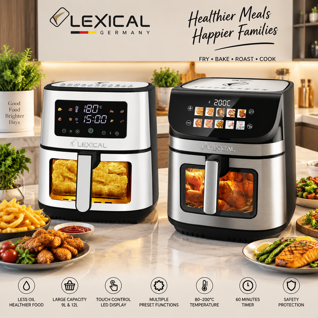 Lexical Germany Digital Air Fryer 1600W 2350W 9L 12L Touch Control LED Display Kitchen Appliance