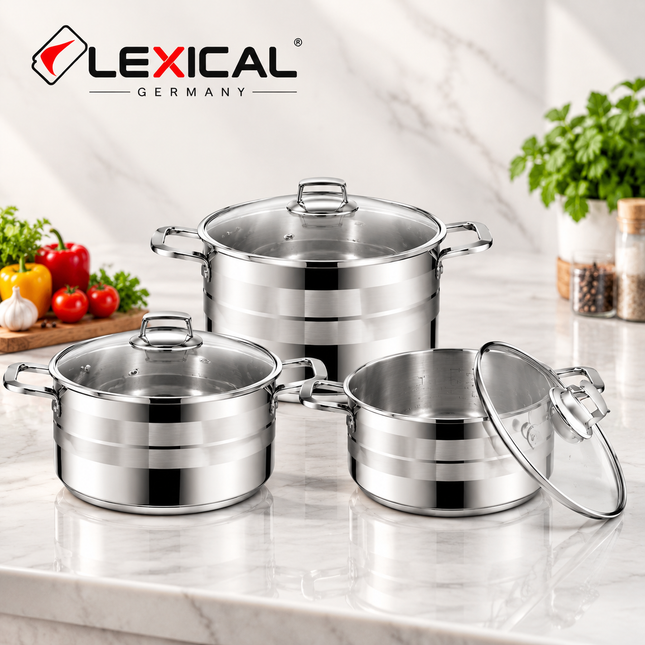 Lexical Primal 6 Piece Stainless Steel Pot Casserole Pot Set Glass Lids 26cm 28cm 32cm