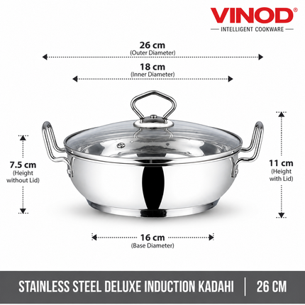 VINOD Stainless Steel Kadai + Glass Lid Deep Indian Kadhai Pan 18cm 20cm 24cm 26cm 30cm Heavy Duty Frying Curries  Stir Fry GAS Induction Compatible Cooking