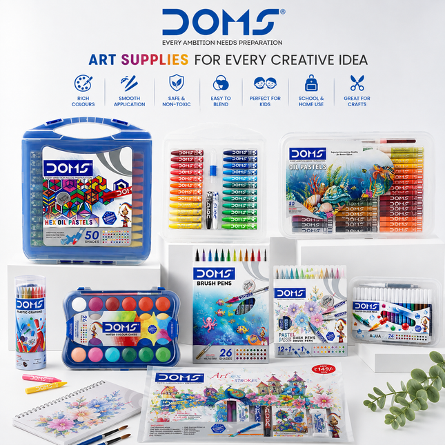 DOMS Art Supplies for Kids Oil Pastels Crayons Water Colours Brush Pens Drawing and Craft Kit