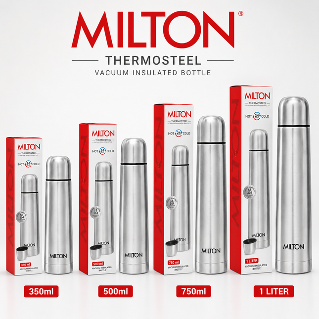 MILTON Thermosteel Vacuum Flask  Insulated Hot Cold Water Bottle Various option Stainless Steel Flip Lid Leakproof BPA Free 24 Hour Travel Flask for Tea Coffee Gym Office 350ml 500ml 750ml 1L