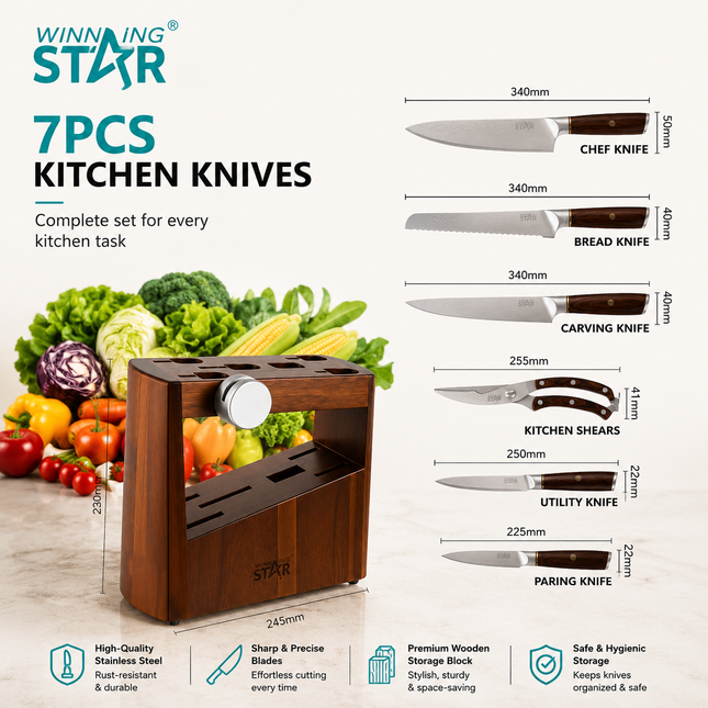 Winning Star Stainless Steel Kitchen Knife 2, 3, 5 ,7 Pcs Set Chopping Slicing Food Preparation