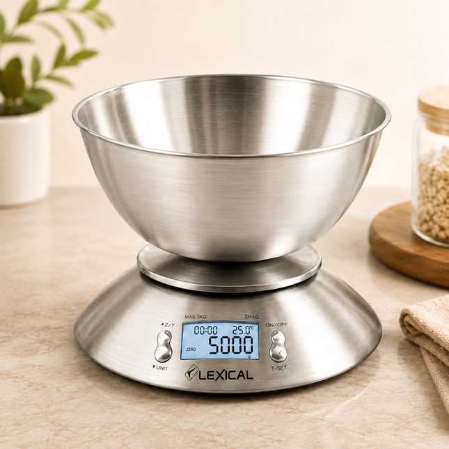 Lexical Germany Digital Kitchen Scale 5kg Food Weighing Stainless Steel Bowl LCD Display Timer & Temperature Sensor