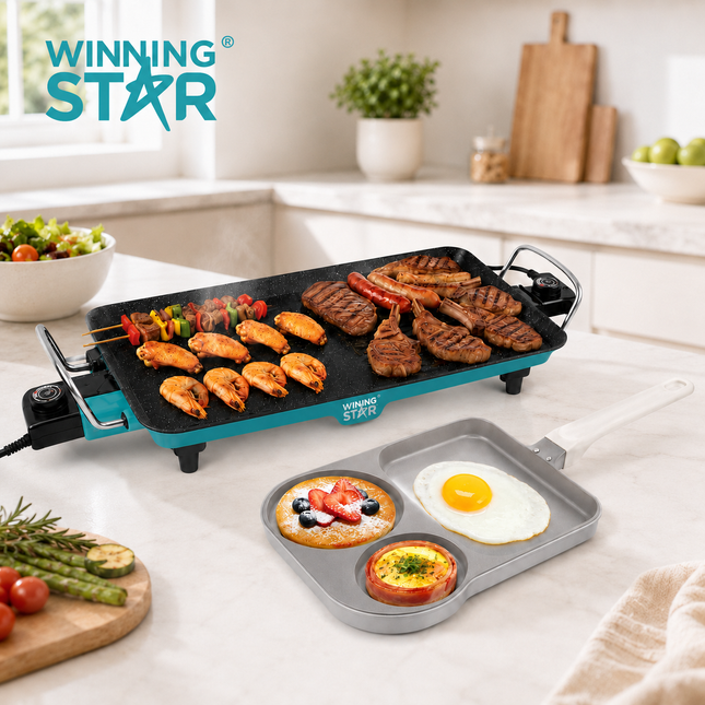 Winning Star 1600W Electric Grill Pan Non-Stick Indoor Griddle Frying Grilling Breakfast